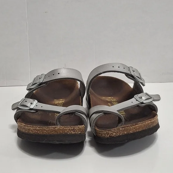 Birkenstock Mayari Sandals Womens  US 5.0 -5.5 Silver Leather Toe Loop Cork Sole - Picture 5 of 7